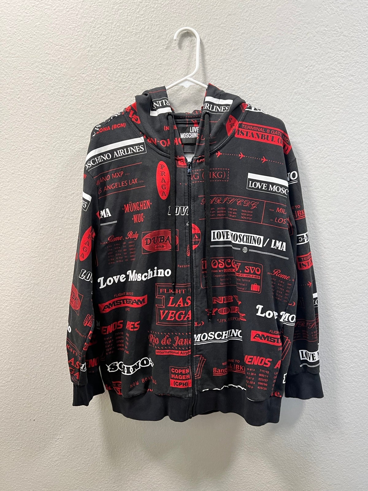 Love Moschino Airport Print Cotton Zip Oversize Men's Hoodie Size Small