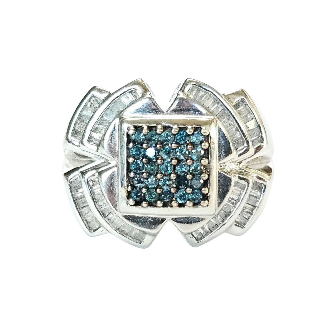 10K White Gold Blue & White Diamond Ring, Baguette Accents, 1ctw, AVD