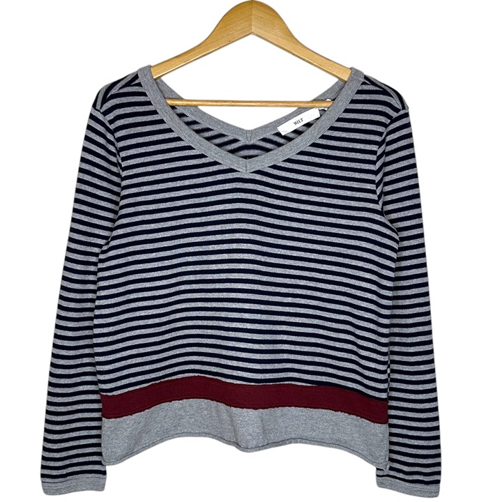 WILT Womens Double V Sweater Knit Jumper Size M Pullover Contrasting Stripe Gray