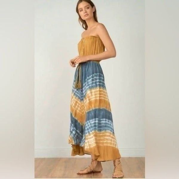 NEW ELAN The Macedonia Mustard Blue Tie Dye Strapless Boho Maxi Dress M