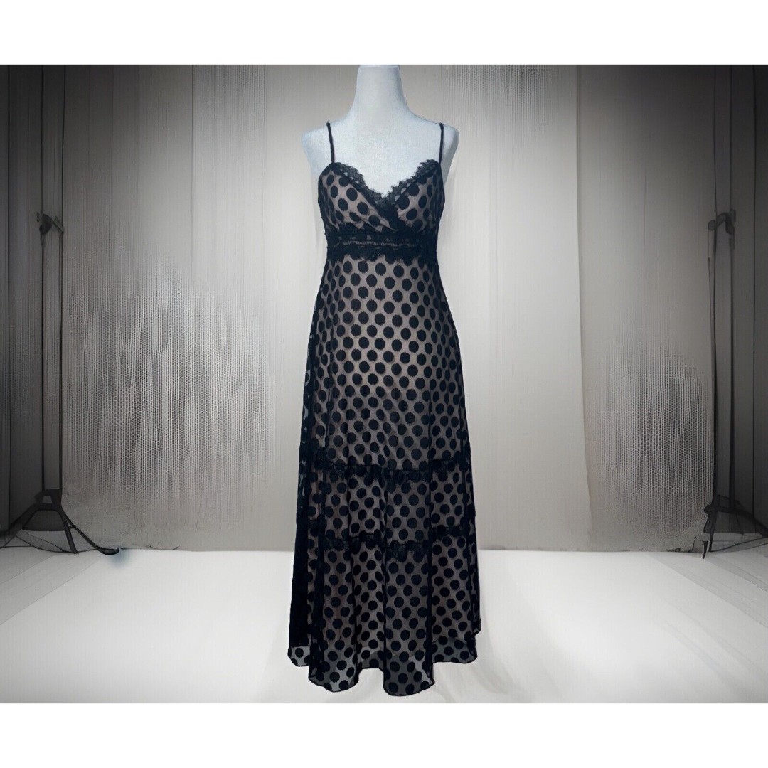 Womens Midi Tulle Polka Dot Strappy Sleeve Dress Fringe Trims Lace A-Line SZ M