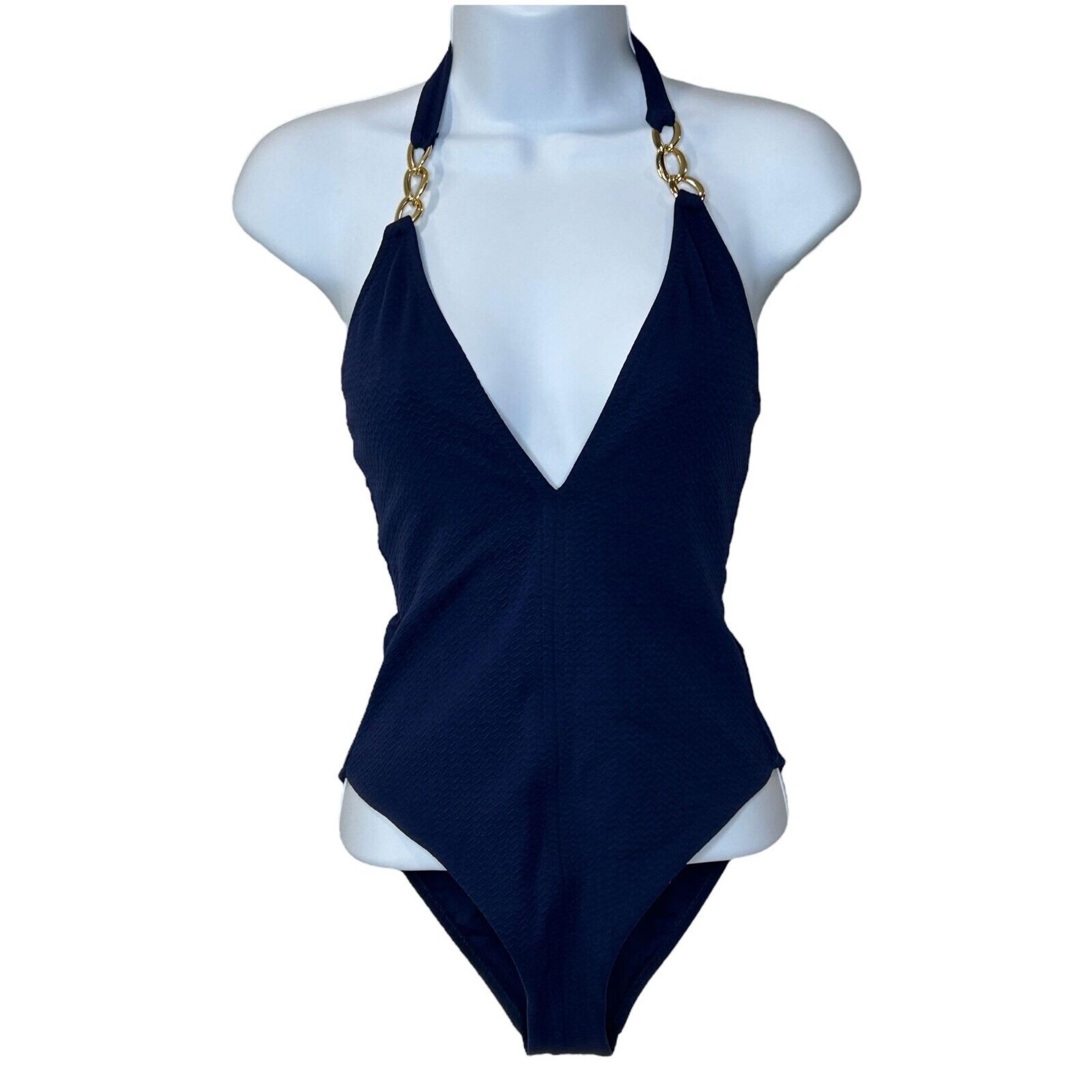 Melissa Odabash Naples Mazy Gold Chain One Piece Swimsuit Navy Women's 6 NWT