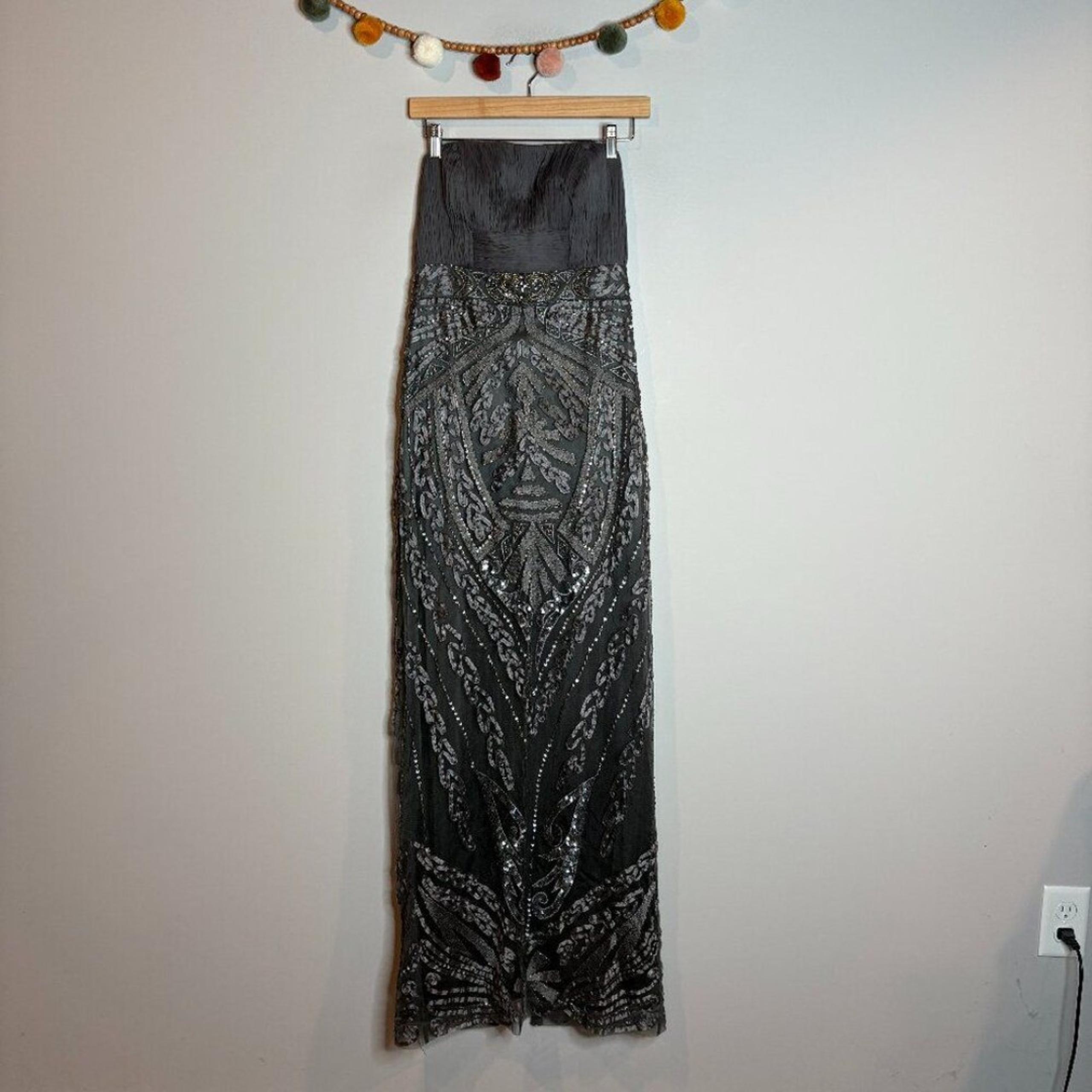 Sue Wong charcoal grey beaded embellished strapless gown