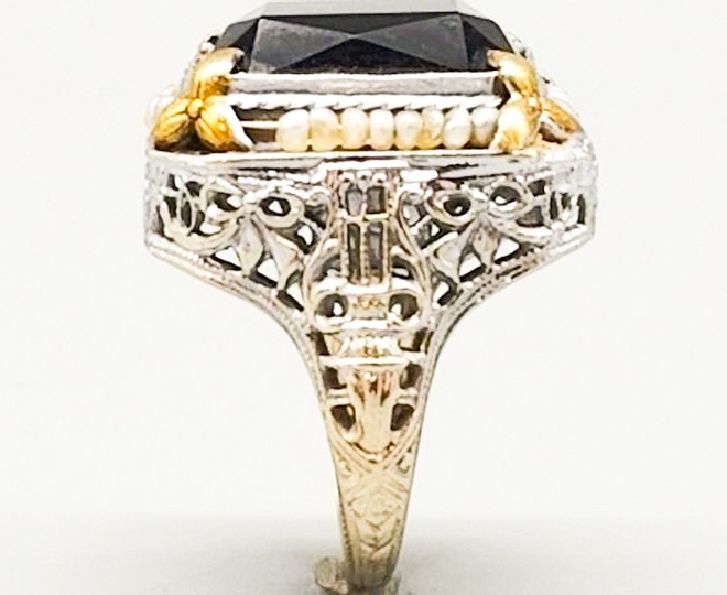 14K Solid White/Yellow Gold Large Onyx Stone & Seed Pearl Filigree Art Deco Ring