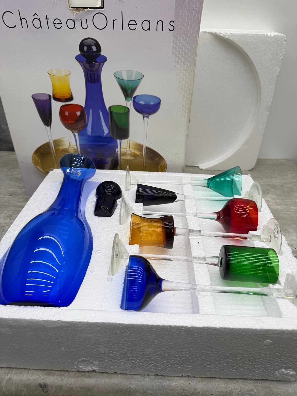 VTG Chateau Orleans Eight Piece Cordial Set Cobalt Blue Glass Decanter -No Plate