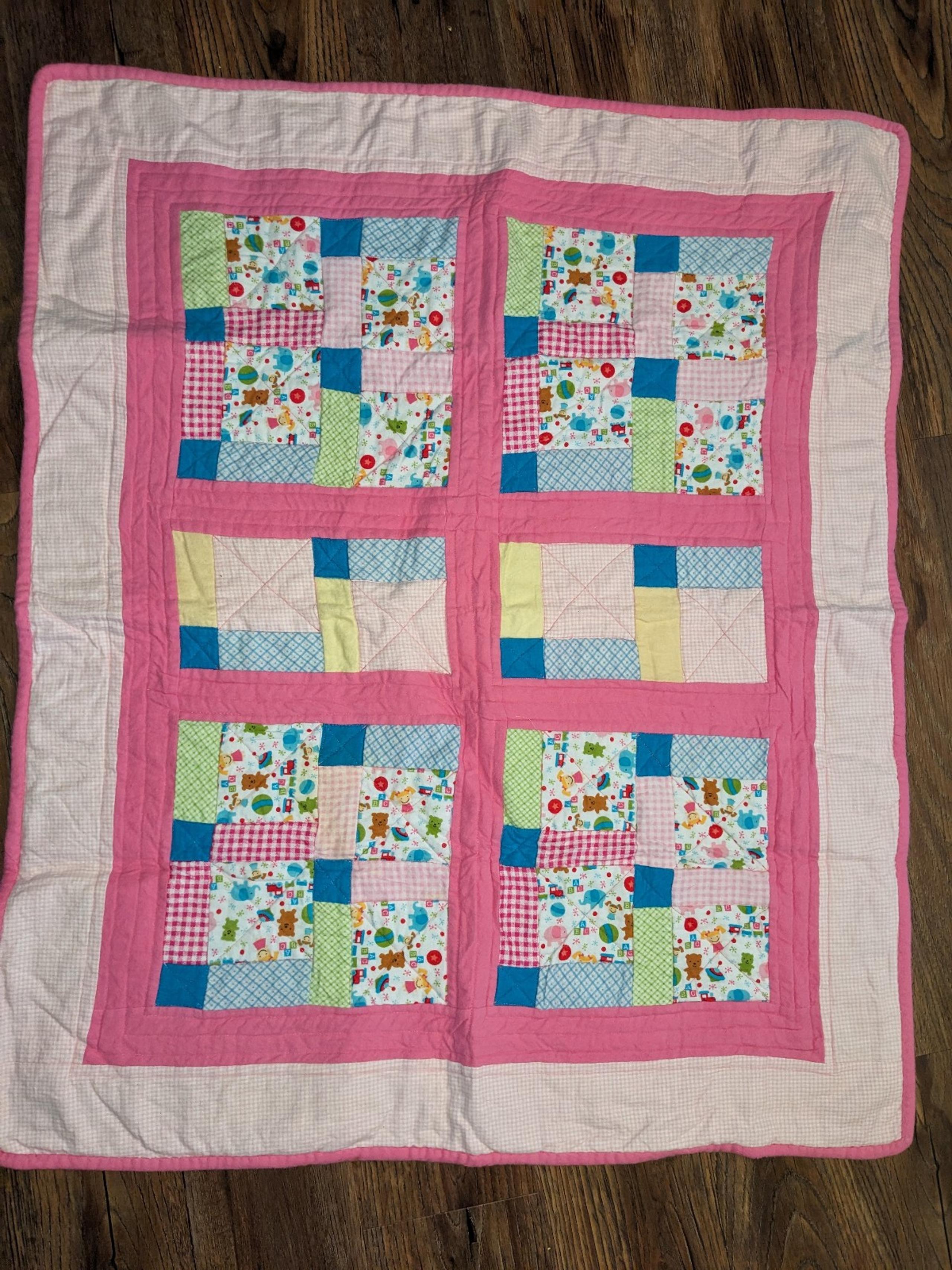 36x30 100% Cotton Handmade Baby or lap Quilt Reversible Pink  pastel animals EC