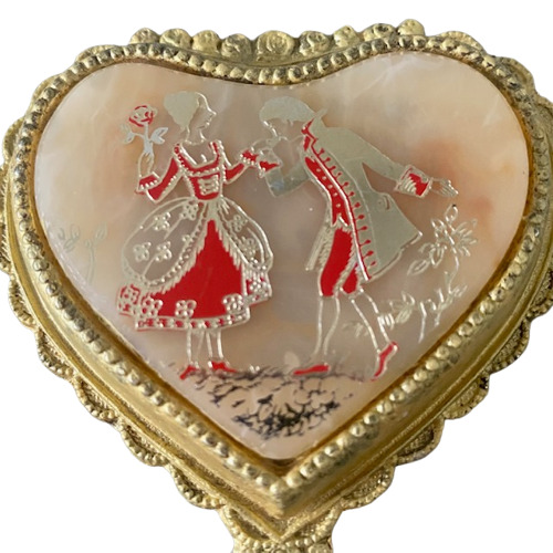 Trinket Jewelry Box Musical Heart Shaped Footed Gold Tone Metal Courting Couple