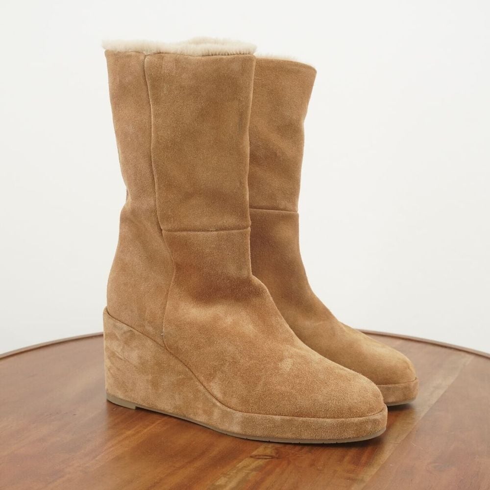 NEW Aquatalia Womens Imperia Mid Boots Wedge Heel Beige Suede Faux Fur Lined 7.5