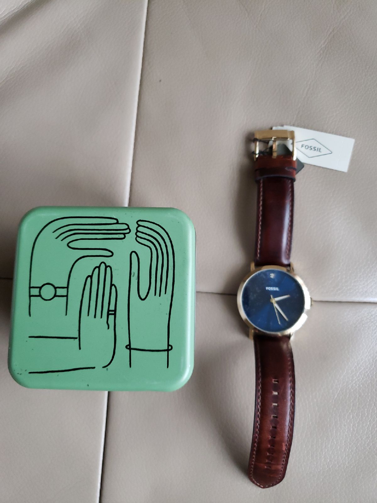 Fossil womens genuine diamond blue color with brown genuine leather watchband