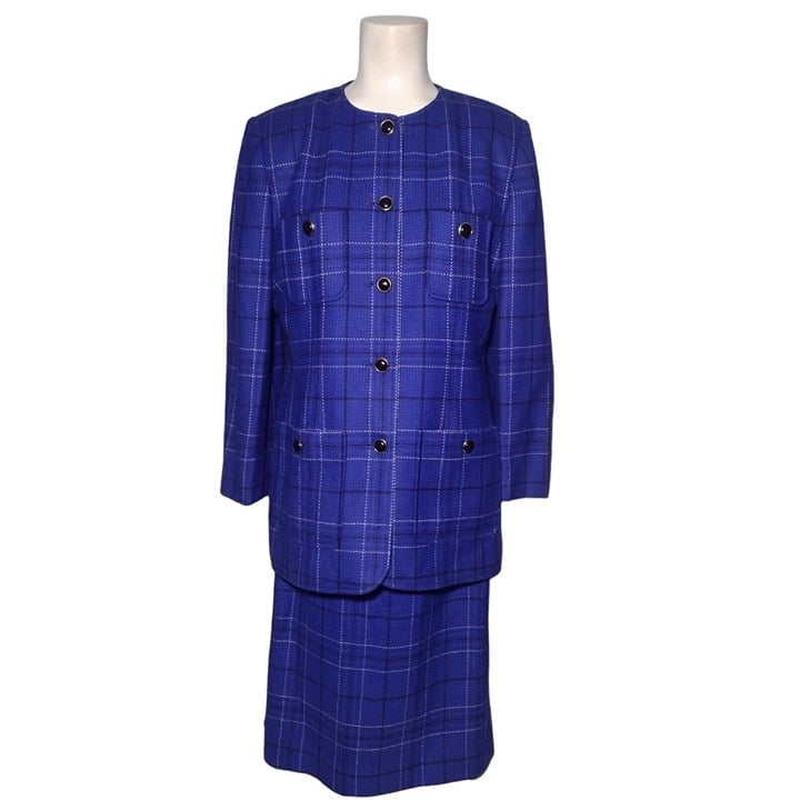 Liz Claiborne Wool Windowpane Plaid Skirt Suit Size 10 Blue Back Slit Career