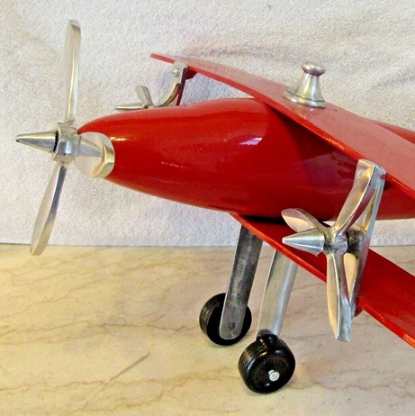 Vintage Red Metal Prop Bi-Plane with Moving Propellers and Wheels 19.5 Long