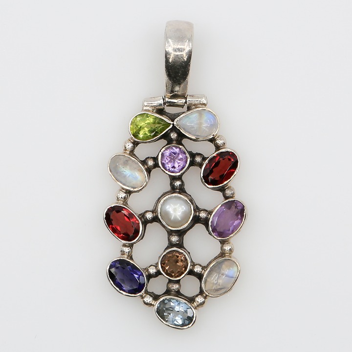 Vintage Sterling Silver Openwork Colorful Gemstones Pendant Nicky Butler Style