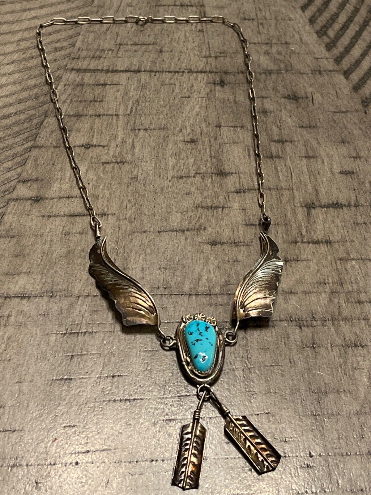 Old pawn W sterling turquoise feather drop paperclip 17 chain 033025dF@
