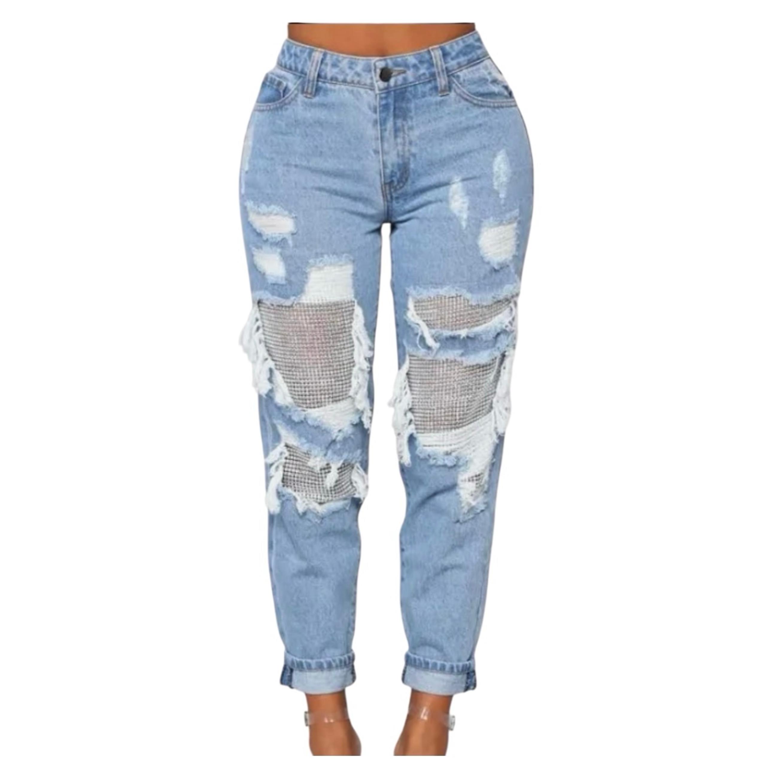 Fashion Nova Size 7 Best Of You Boyfriend Jeans Distressed Rhinestone New!

New