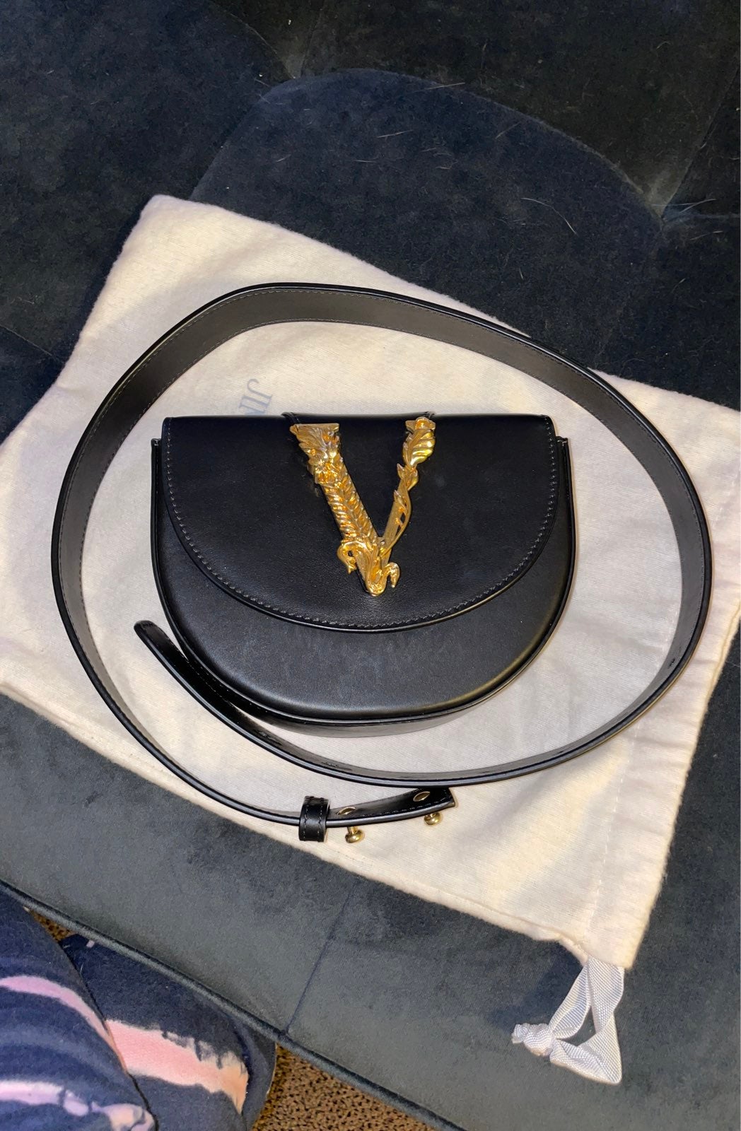 Versace Virtus Gold Buckle Saddle Waist B Black Leather Cross Body Bag