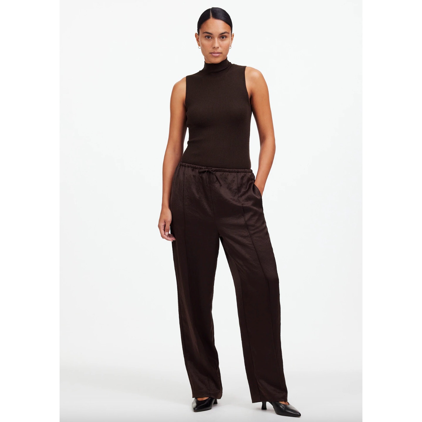 Madewell Pintucked Slim Pull On Pants Satin Dark Carob Drawstring Small NWT