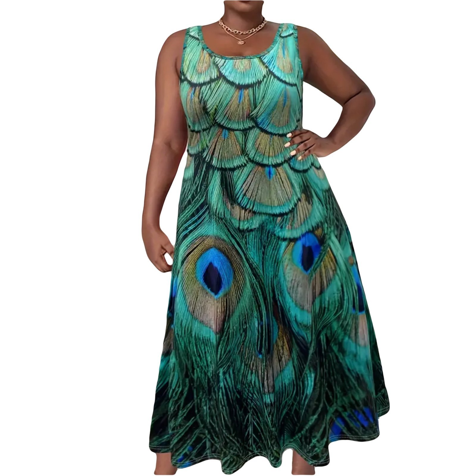 Plus Size Peacock Feather Print Sleeveless Tank Maxi Dress (5XL) FREE SHIPPING
