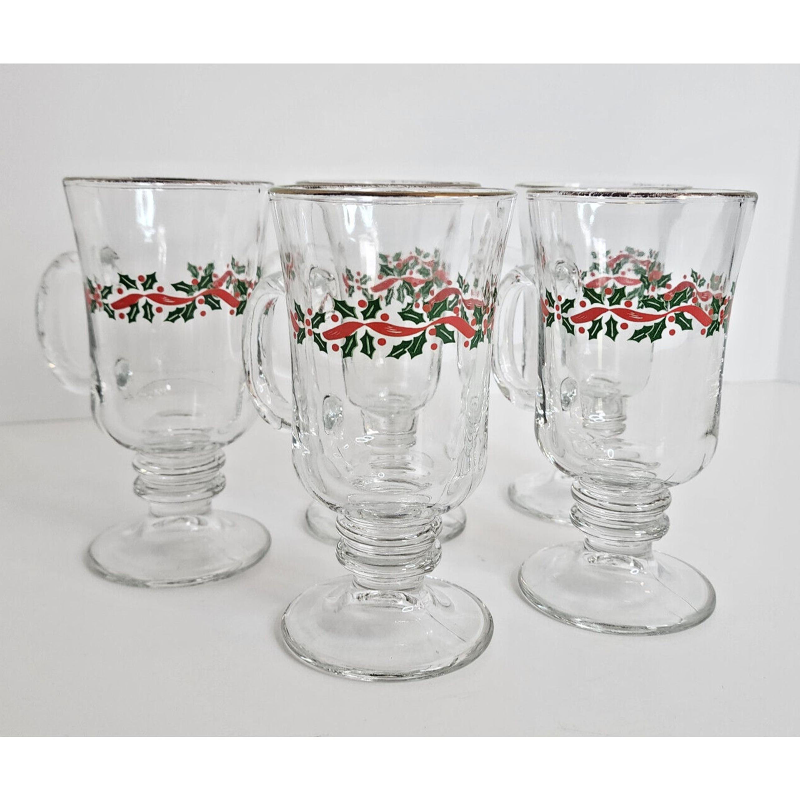 Vintage Libbey Christmas Holly Berry 6" Irish Coffee Cups Gold Rim - Set of 5