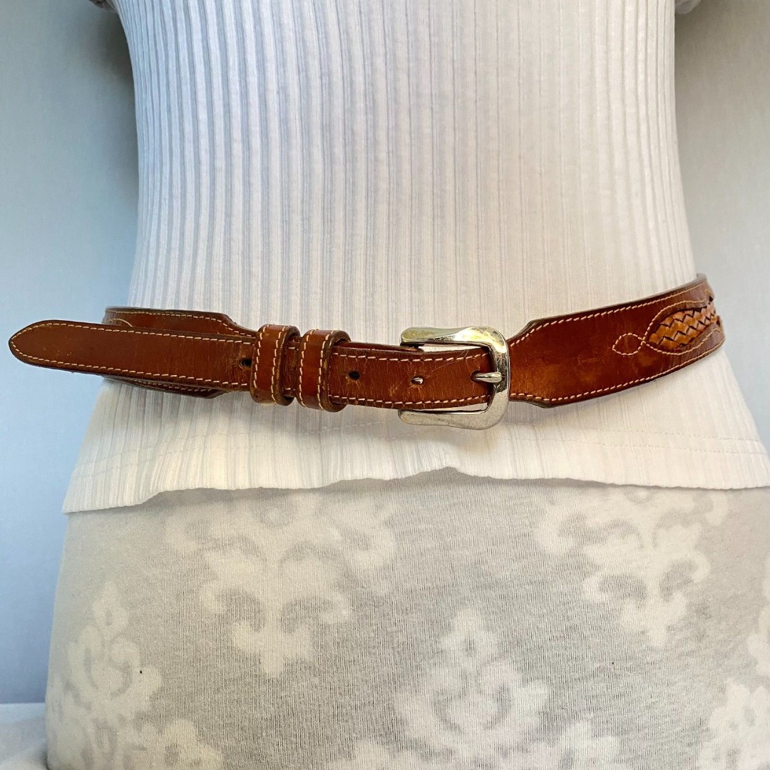 Leegin Western Belt Medium Waist USA Made Caramel Brown Leather Braided Inlay