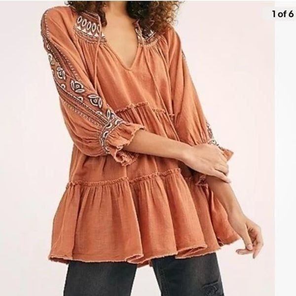 Free People Dream Weaver V-Neck Embroidered Tunic L