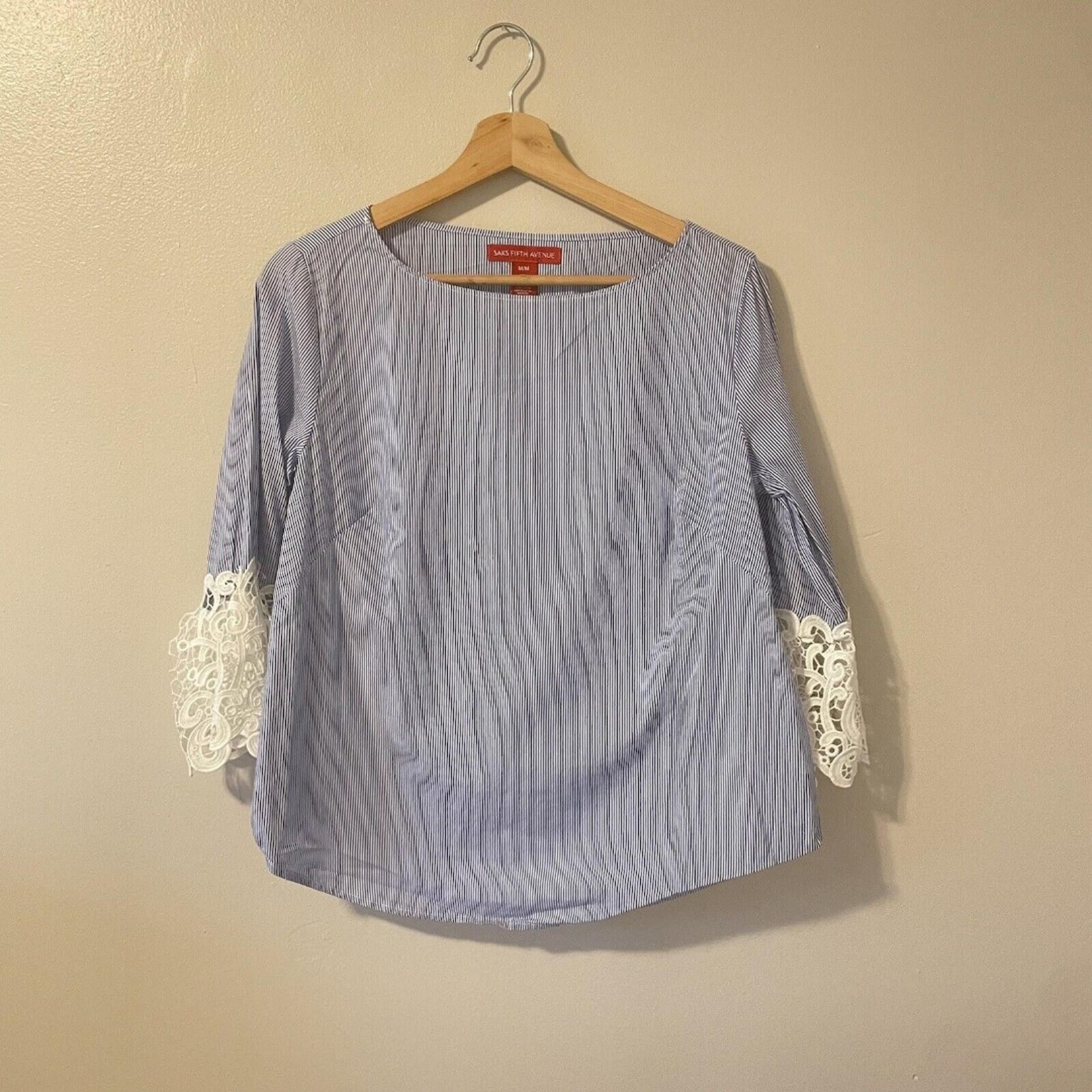 Saks Fifth Avenue Cotton Nautical Striped Lace Blouse Sz M