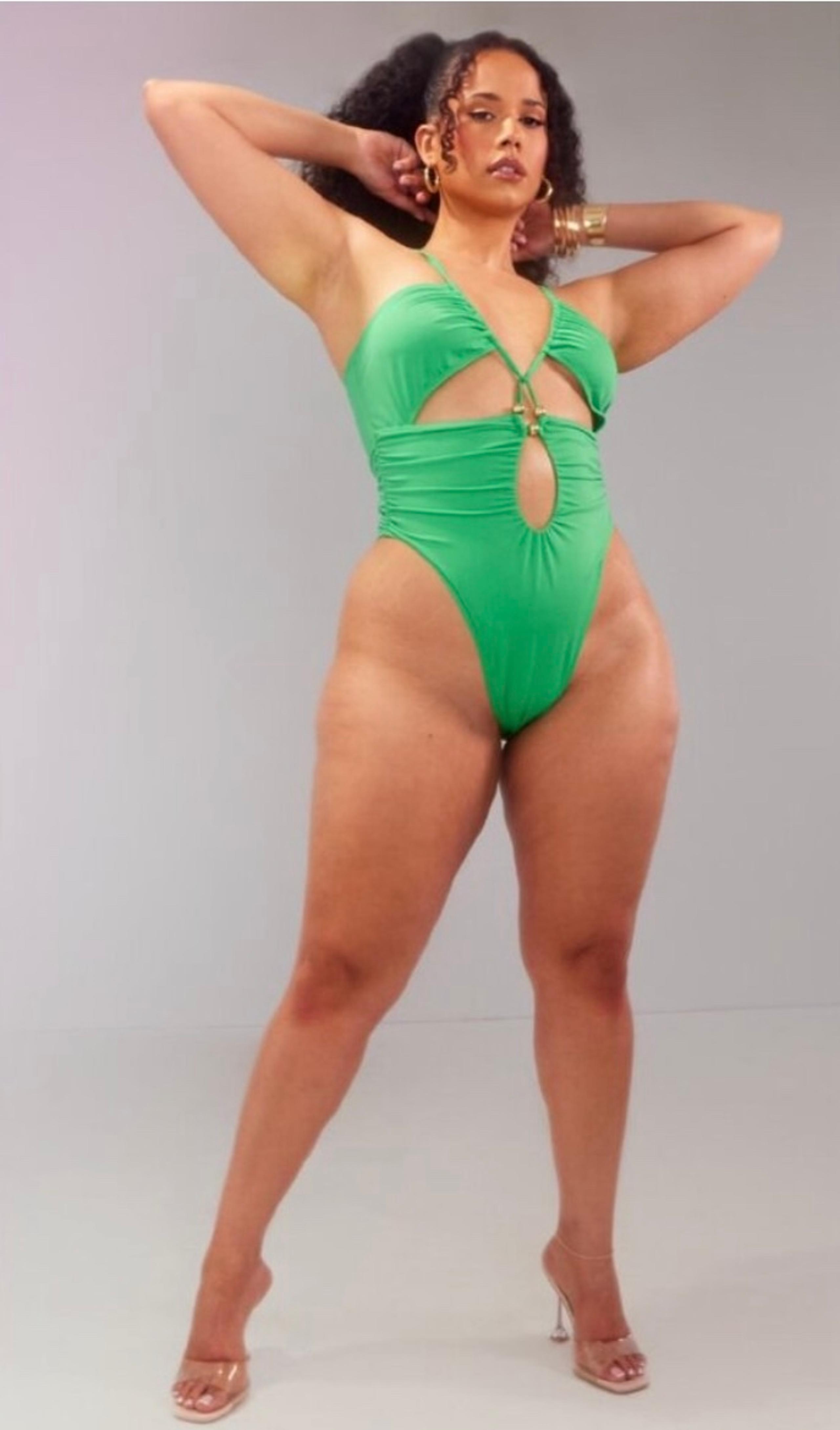 NWT Pretty Little Thing PLUS GREEN BEAD DETAIL RUCHED CUT OUT SWIMSUIT sz 18
