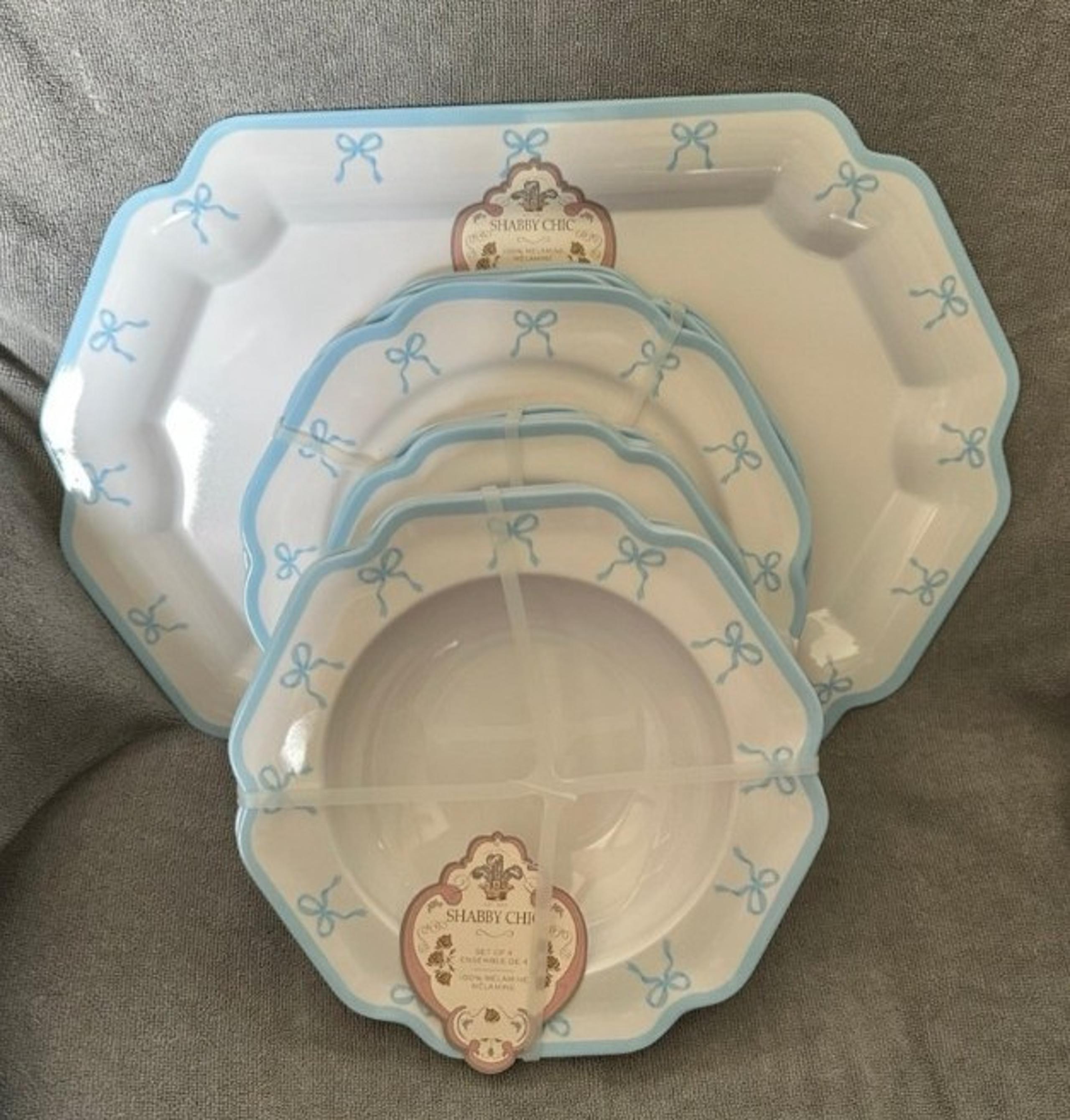 Blue Bow Tray, Bowls, Dinner and Salad Plates set - Shabby Chic