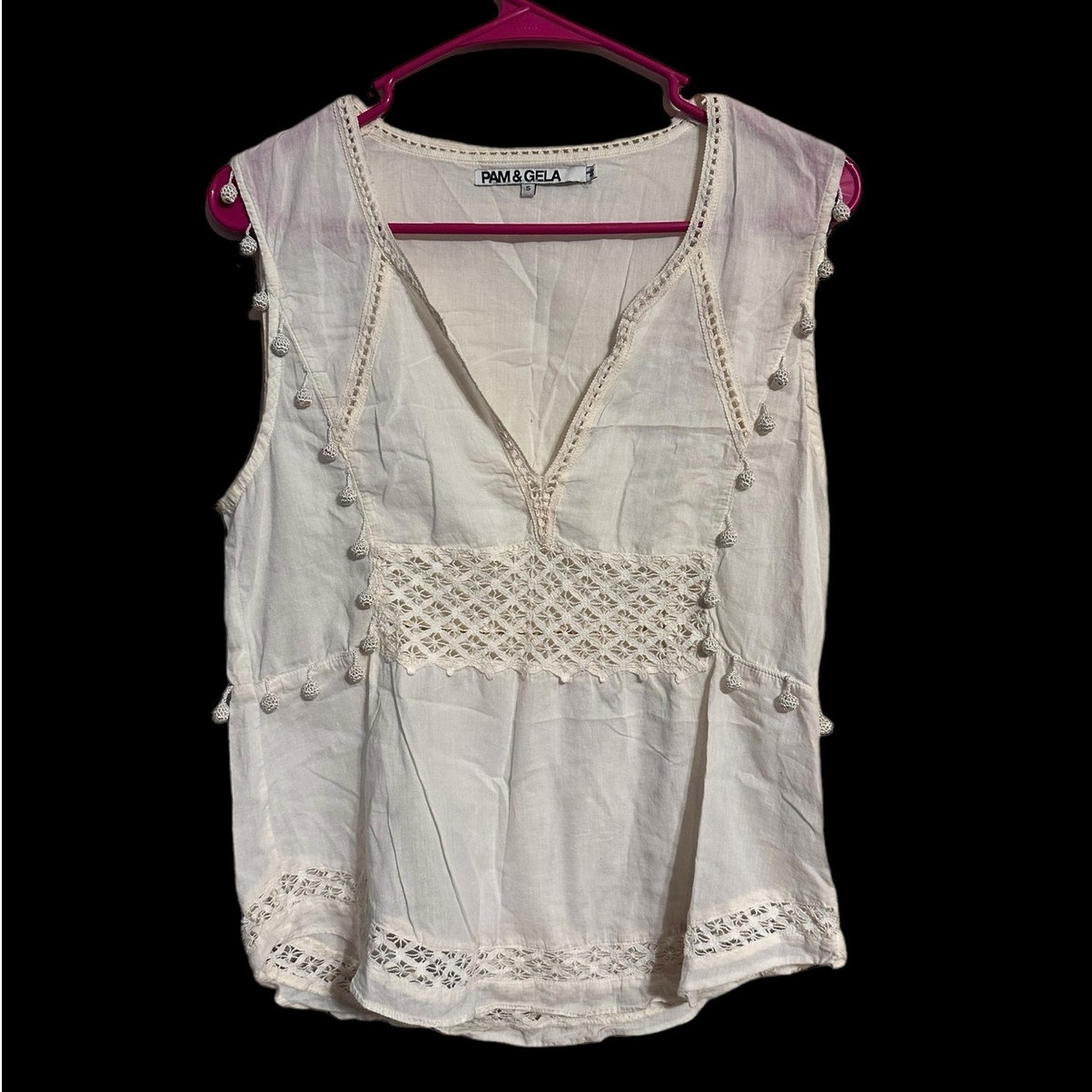 Pam & Gela White 100% Cotton Tank Top Pom Poms Lace Embroidery Size Small