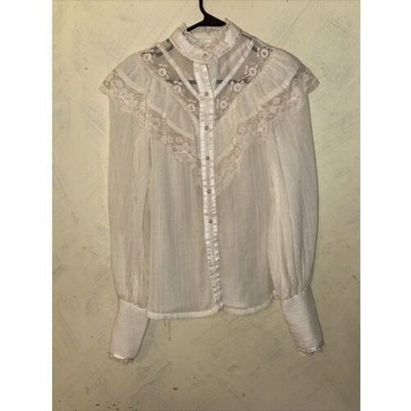 Vtg 1970s Gunne Sax Jessica's Gunnies Victorian High Neck Blouse Ivory Pearls M