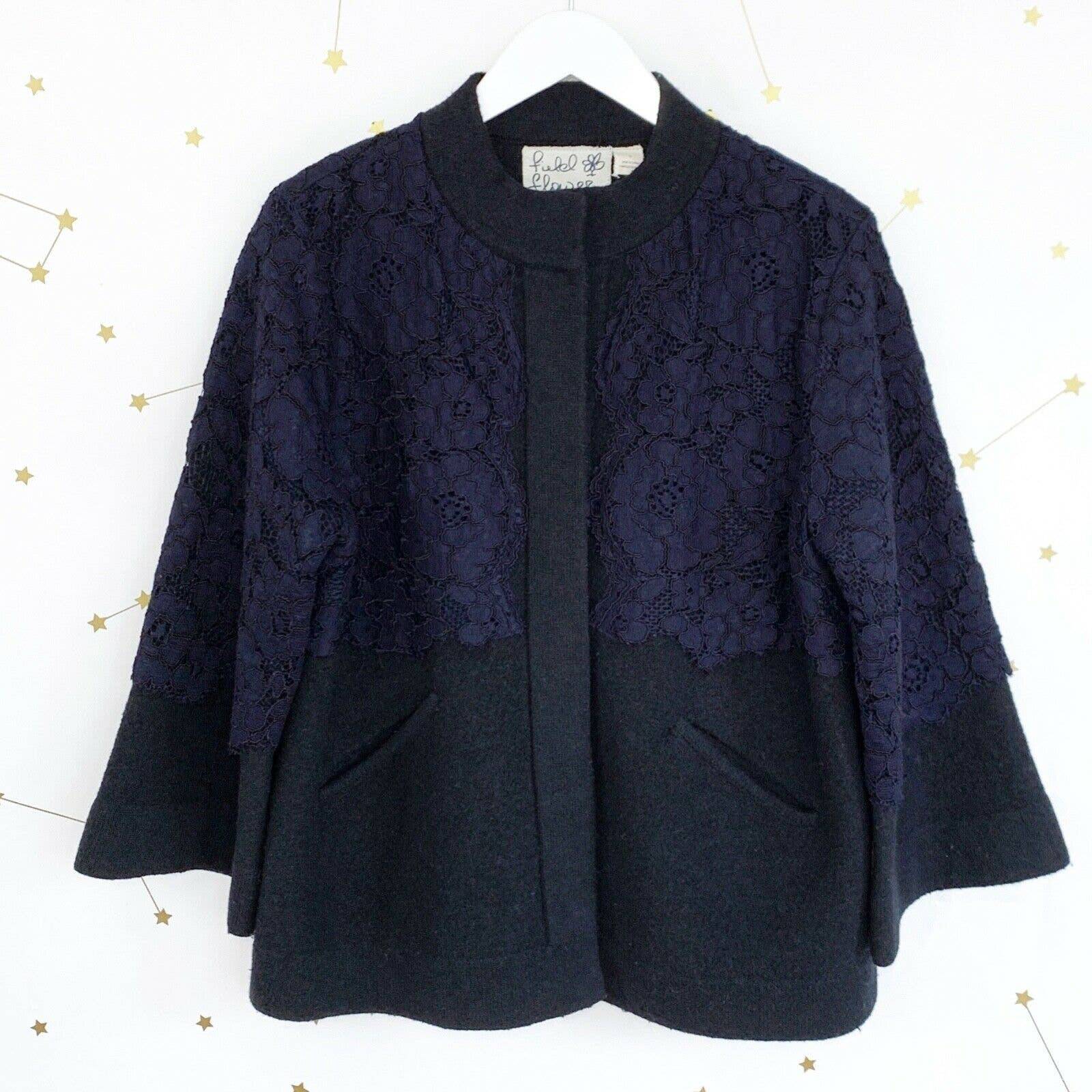 Anthro • Black Lace Melton Cropped Wool Jacket