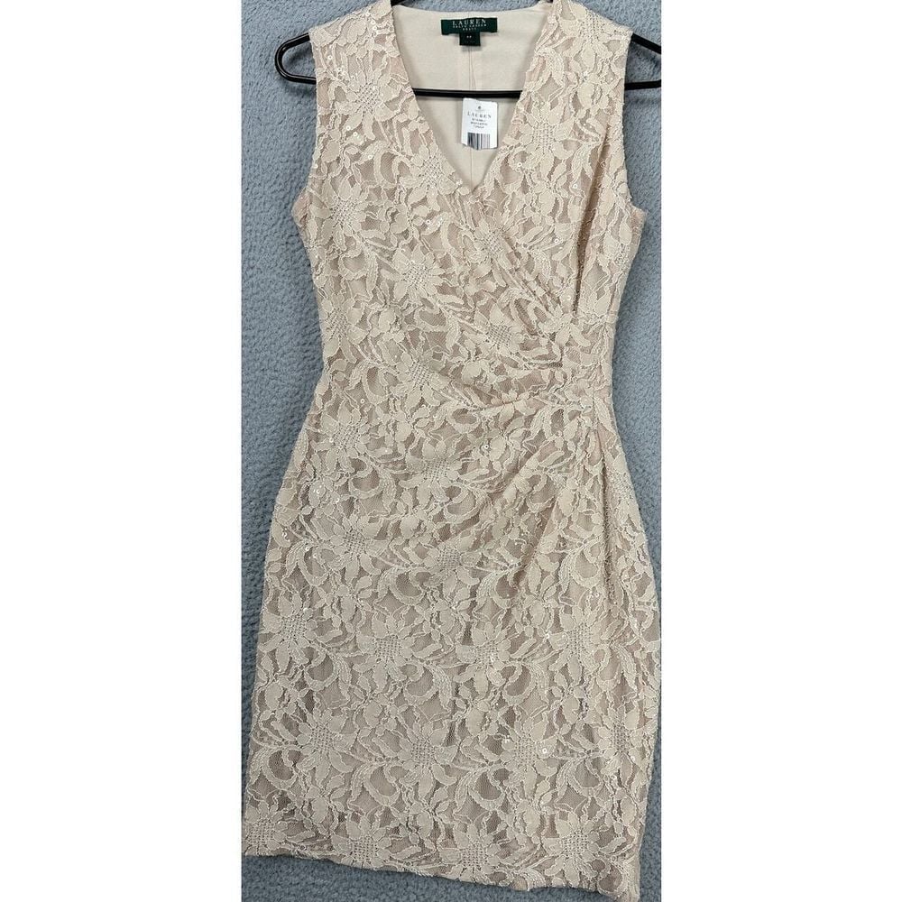 Lauren Ralph Lauren Dress Womens 4P Petite Cream Floral Sequence Midi V-Neck NEW