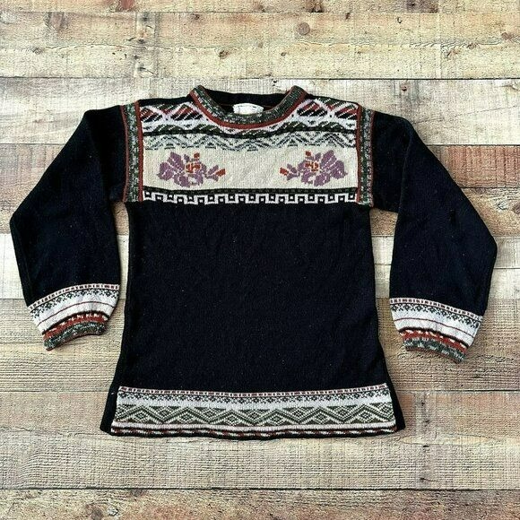 Vintage 70s Ugly Christmas Sweater Donnkenny Black and cream sweater womens -M