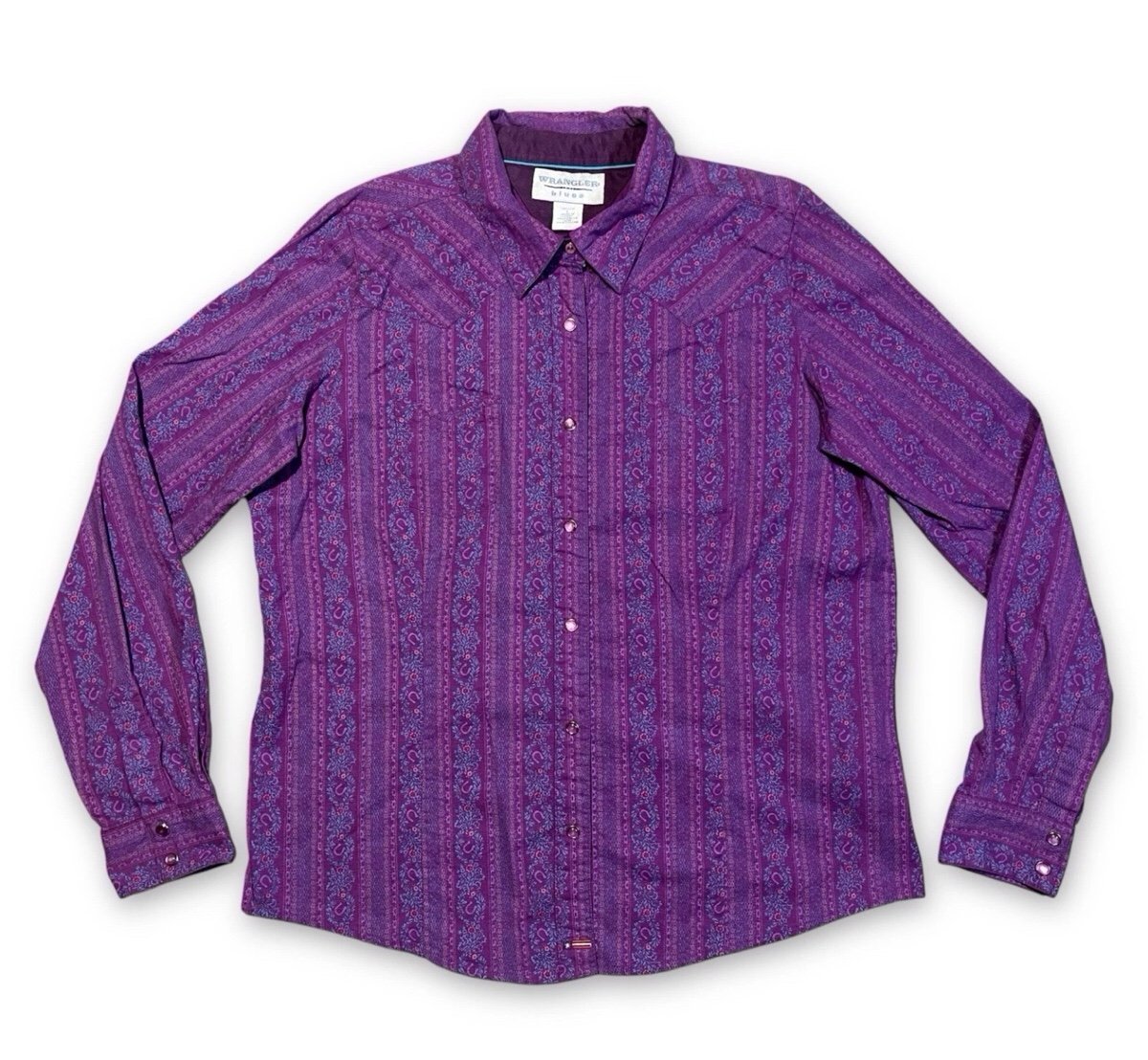 Vintage Wrangler Blues Horseshoe Print Button Shirt Purple Blue Women’s Large