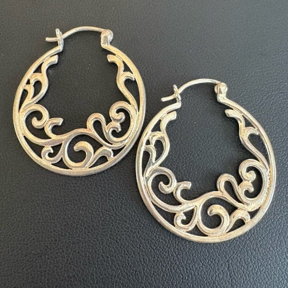 Vintage art Nuevo filigree sterling silver hoop earrings 925