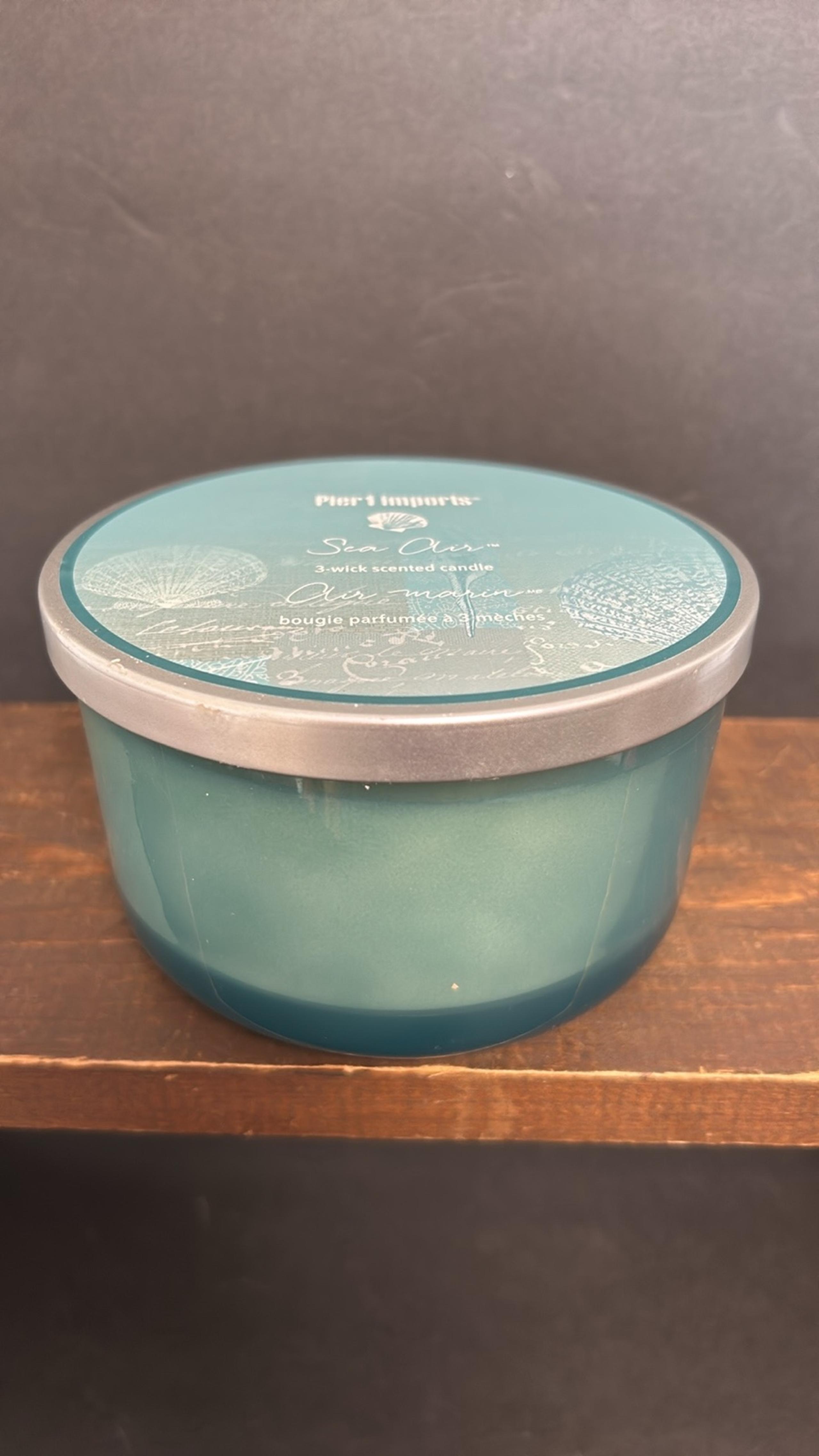 Pier 1 Imports NWT “Sea Air” Filled 3-Wick Scented Candle Blue Glass Jar 13.9 oz