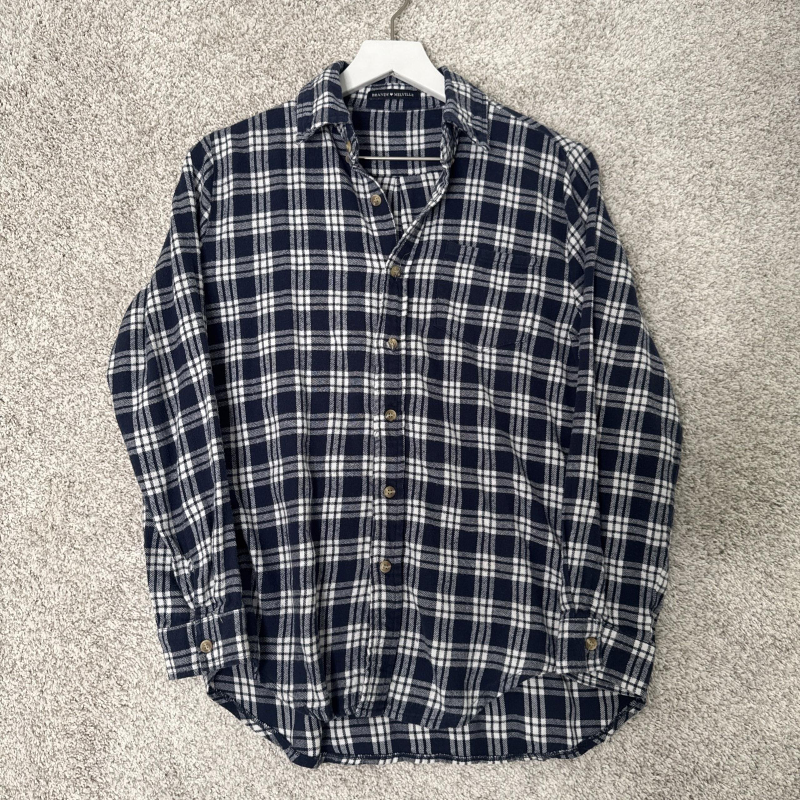 Brandy Melville Plaid Flannel Button Down Long Sleeve Shirt One Size Blue White
