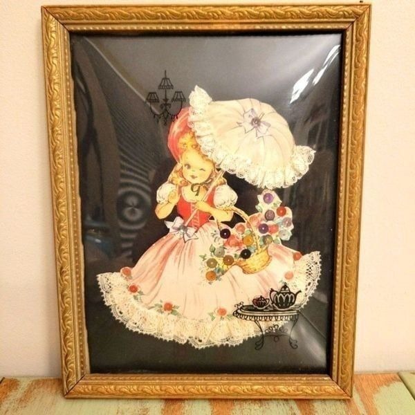 Vintage Sunbonnet Paper Doll in Pink Lace – Framed Convex Glass Tea Room Scene