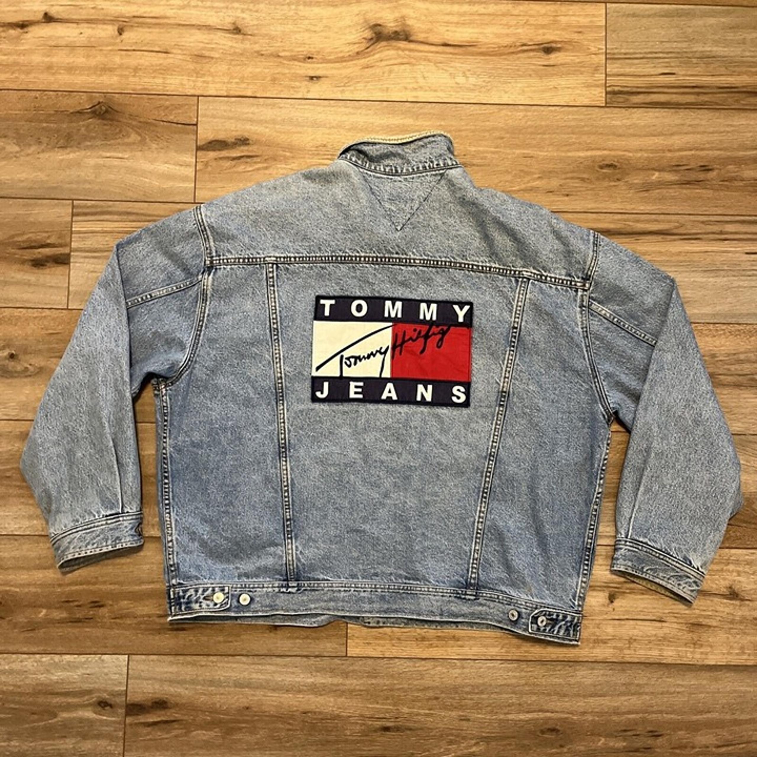 Tommy Hilfiger Denim Trucker Jacket ADULT 2XL Logo Flag Patch Jean Vintage 90s