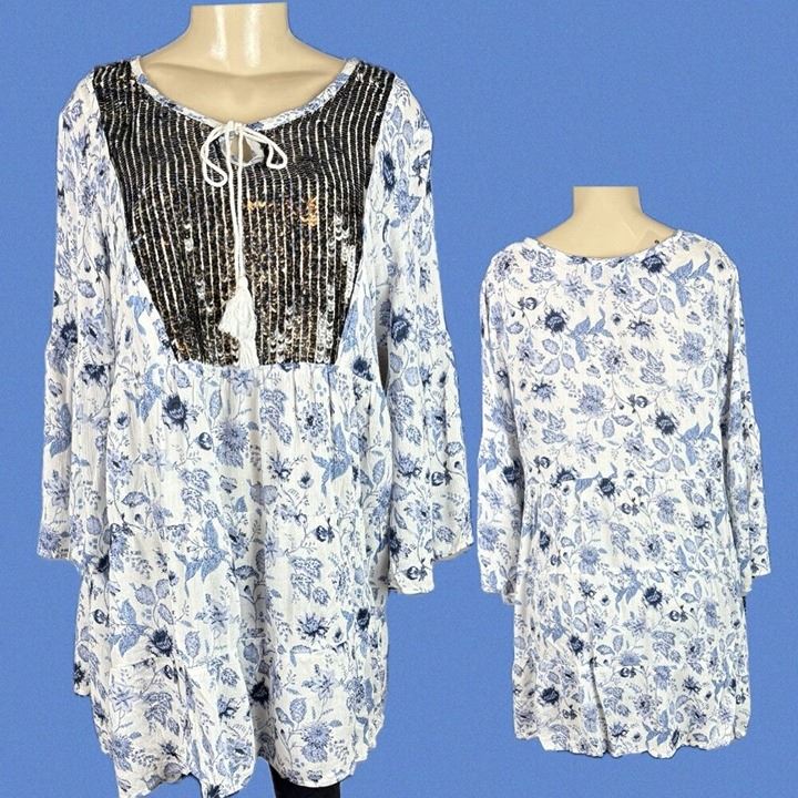 Denim 24/7 12W Blue Floral Gunmetal Sequin Bodice Tie Neckline 3/4 Sleeve Blouse
