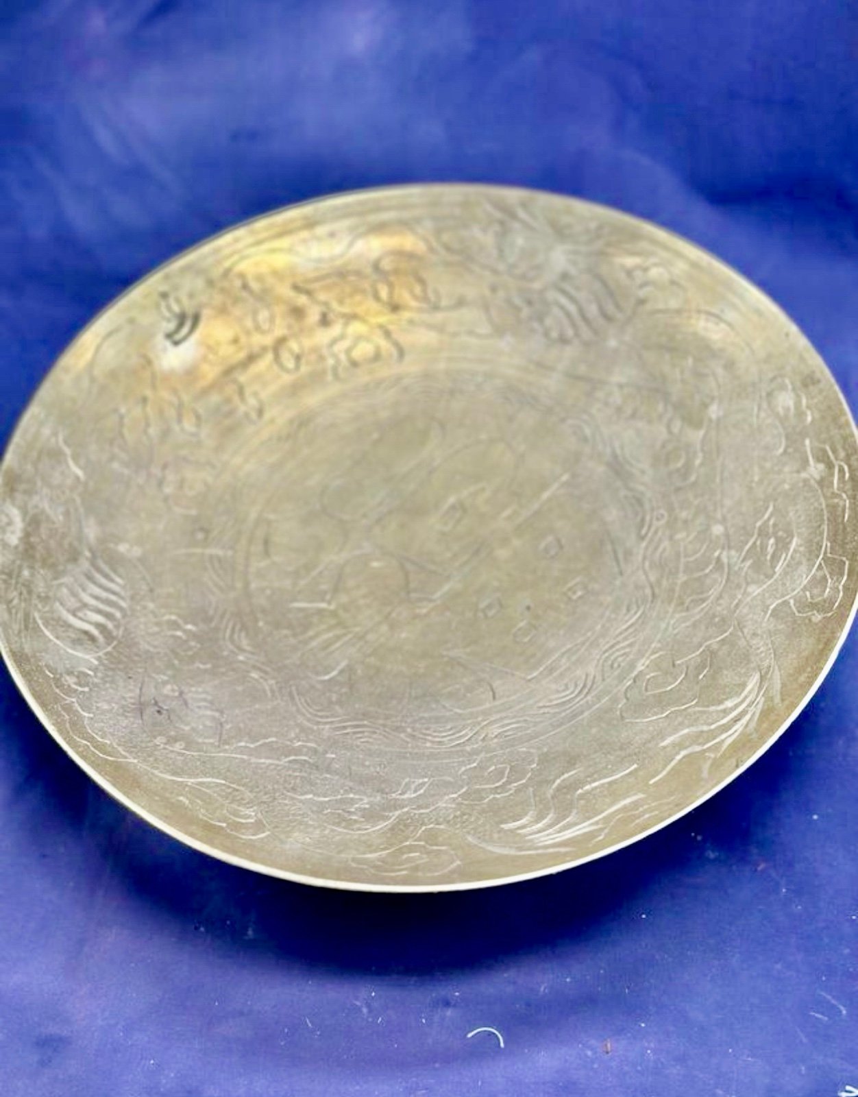 Vintage Chinese Brass Bowl Plate With Engraved Dragons Florals Design Heavy
