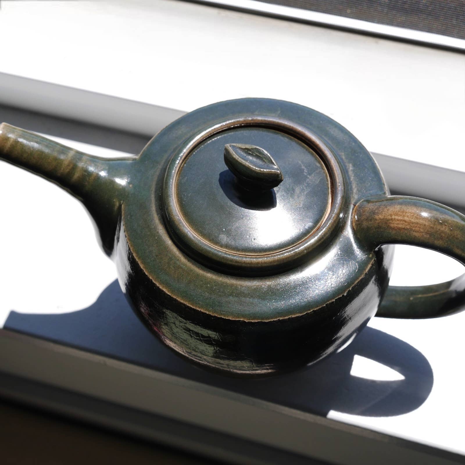 Green ceramic pottery teapot vintage 2000s cottagecore mcm signed by artist 2004