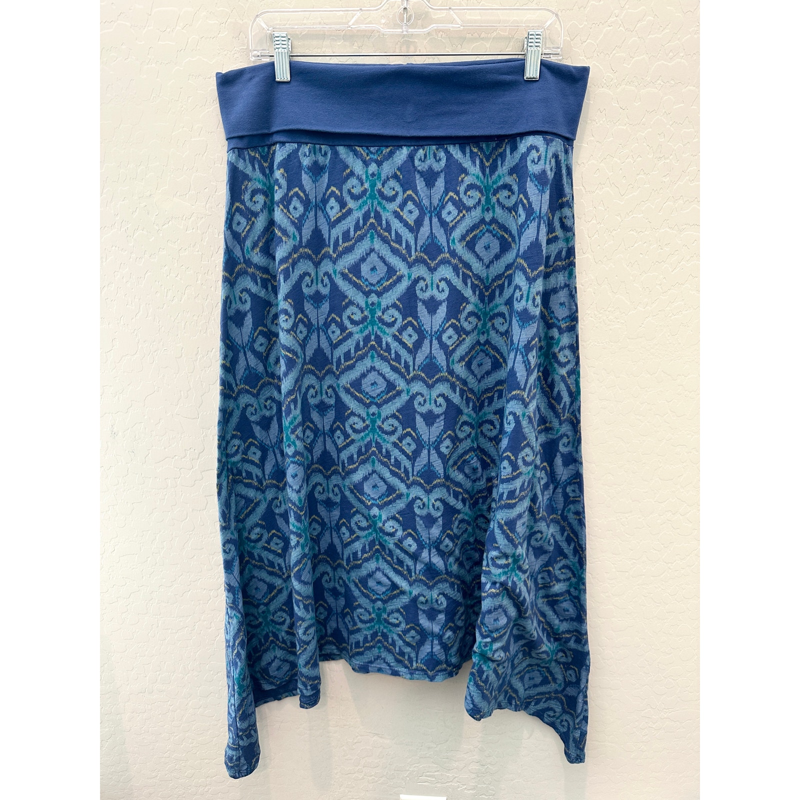 FRESH PRODUCE | Blue Ikat Print Cotton Stretch Knit Asymmetrical Maxi Skirt | XL