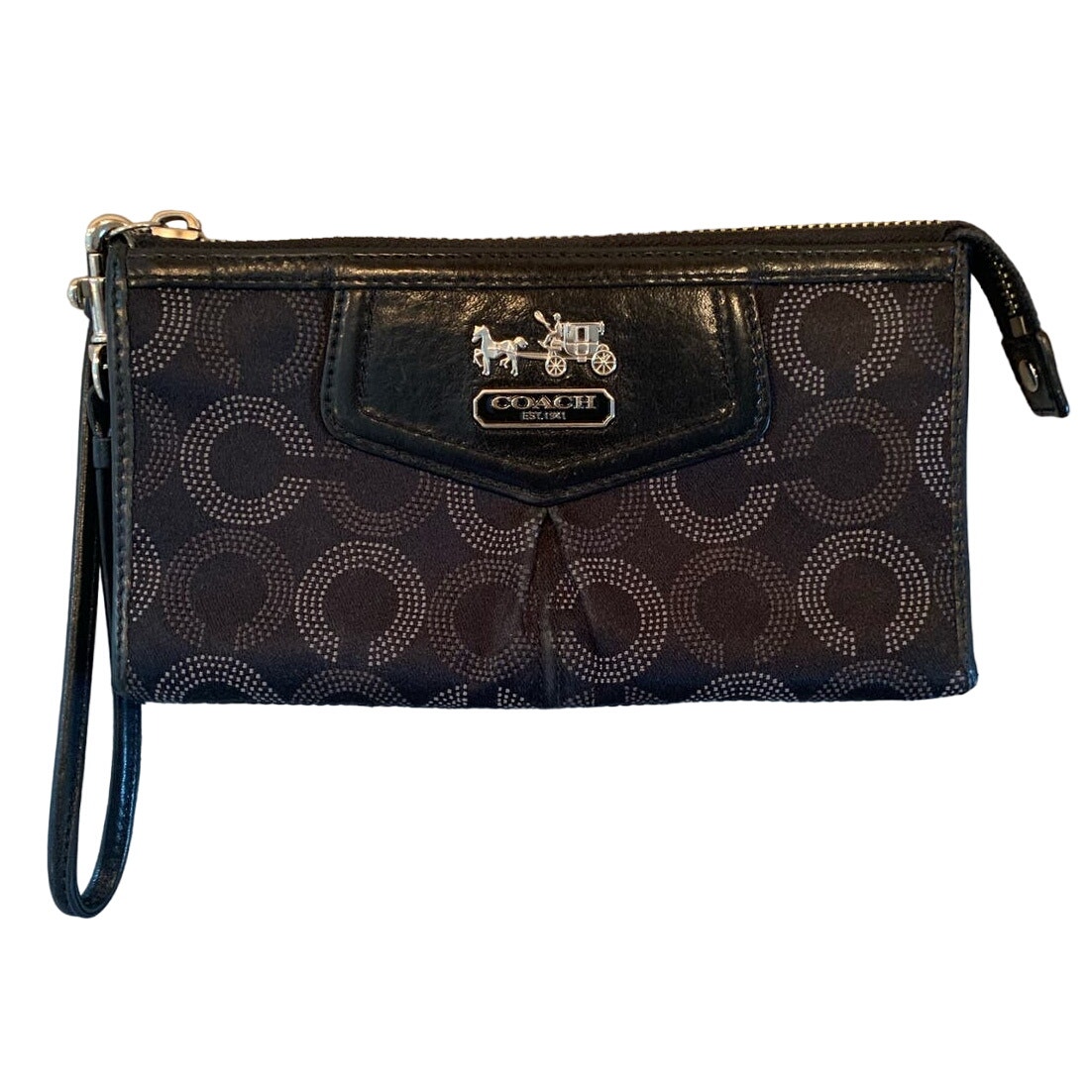 Coach Signature Print Black Leather Fabric Silver-tone Hardware Wristlet Clutch