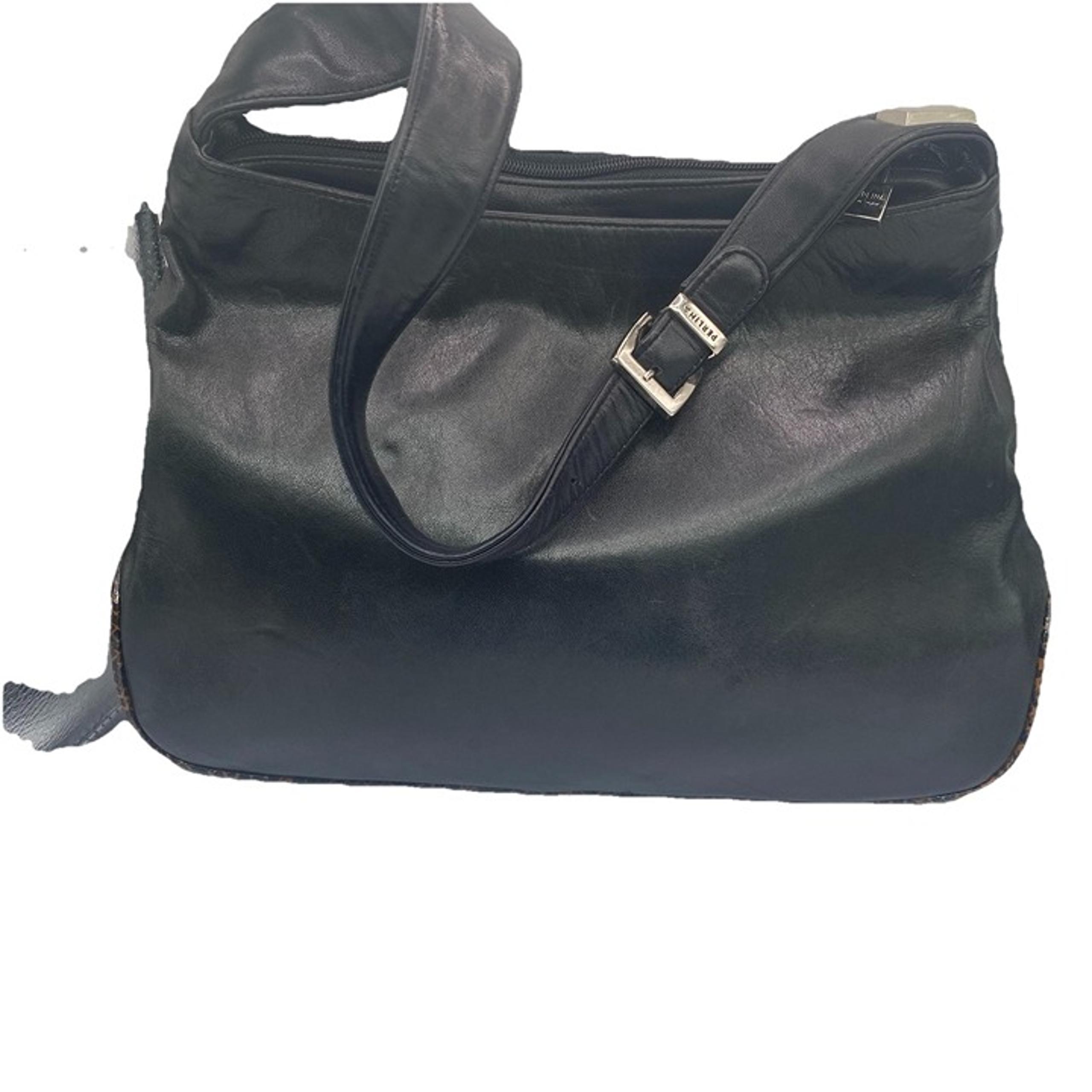 Perlina New York Black Leather Adjustable Shoulder Bag Contrast Cording Purse