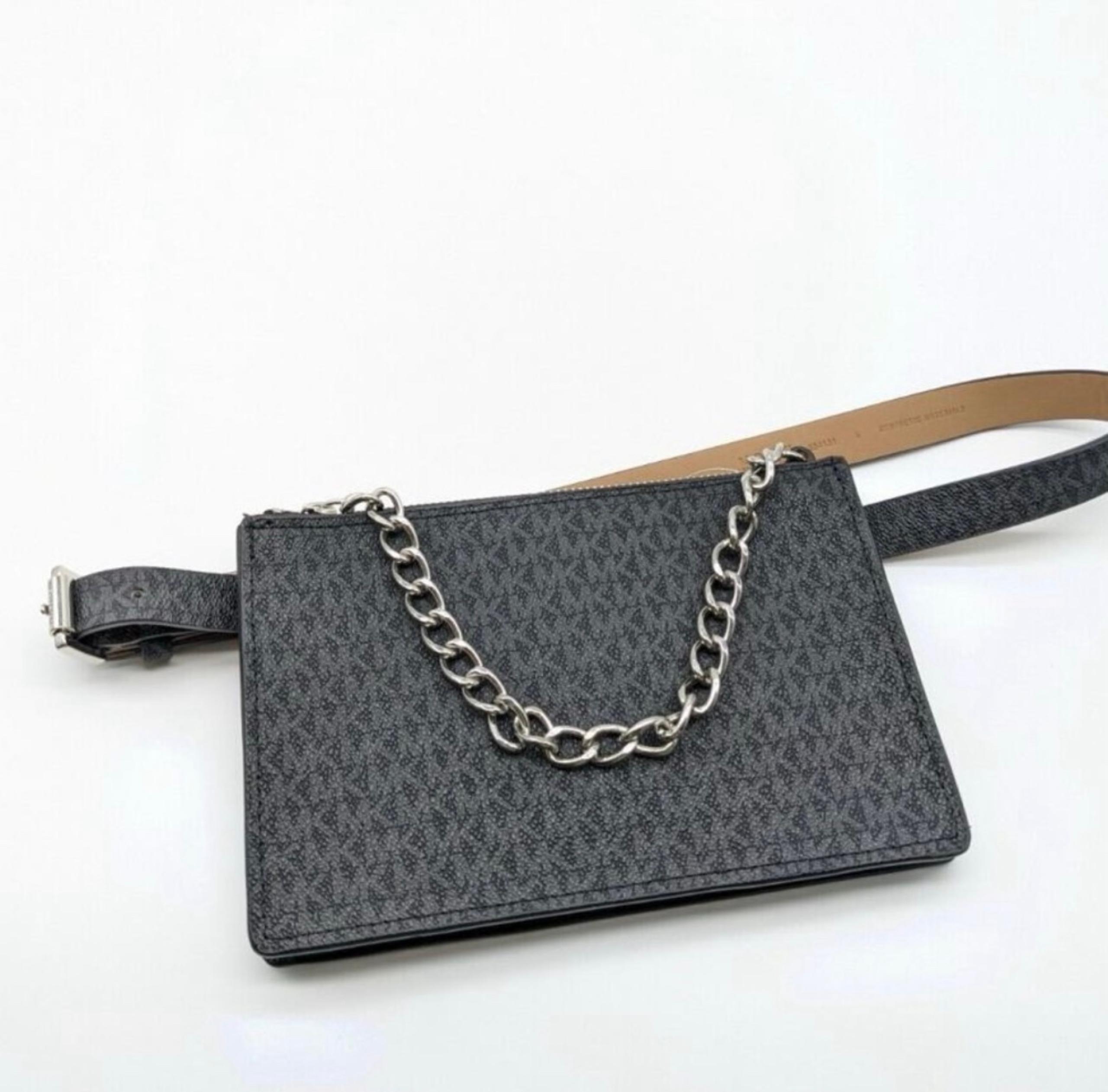 Michael Kors Pull Chain Coated Monogram Logo Belt Bag/Fanny Pack Sliver Toned