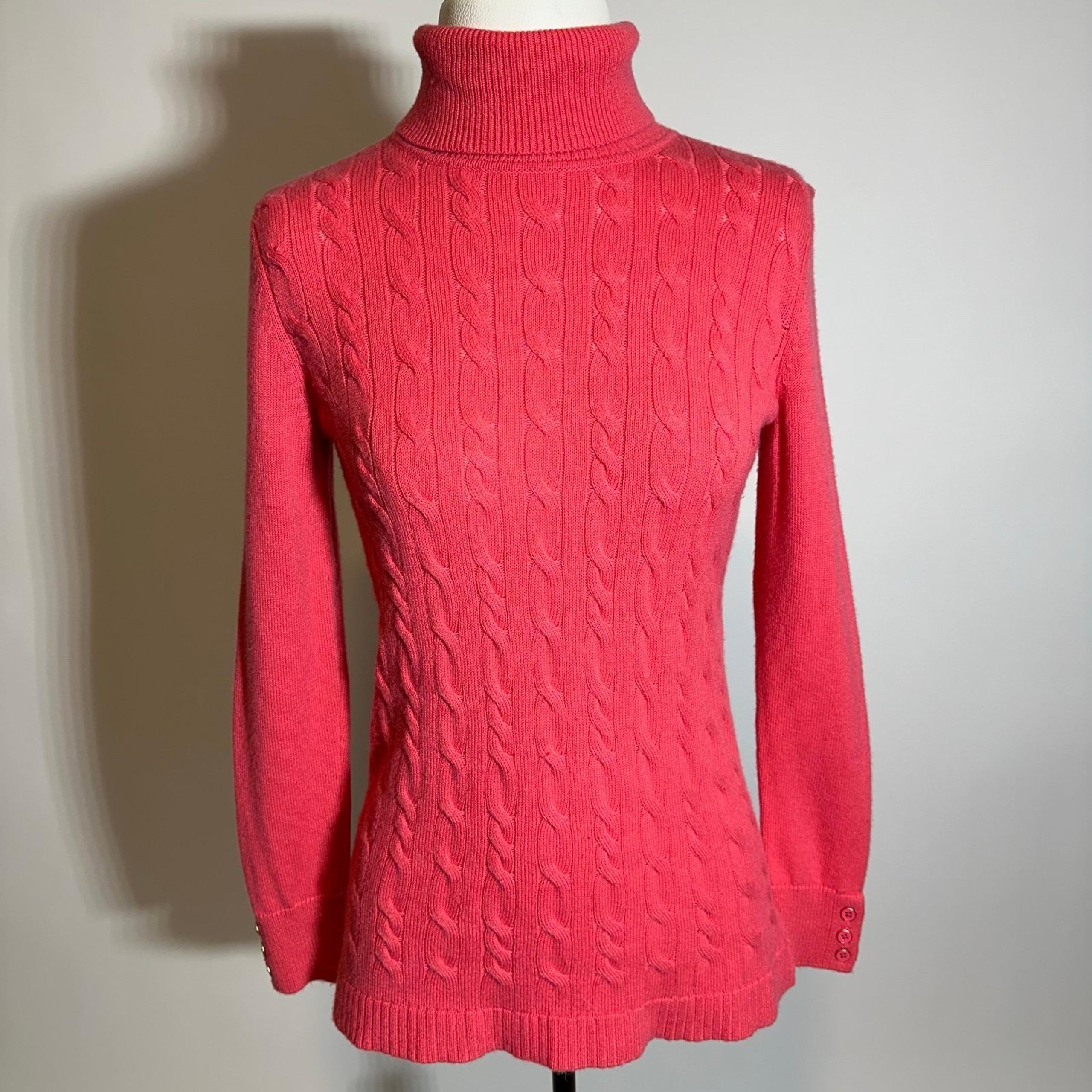 Talbots Pink Lambswool Cable Knit Turtleneck Sweater Womens Size Petite Small SP