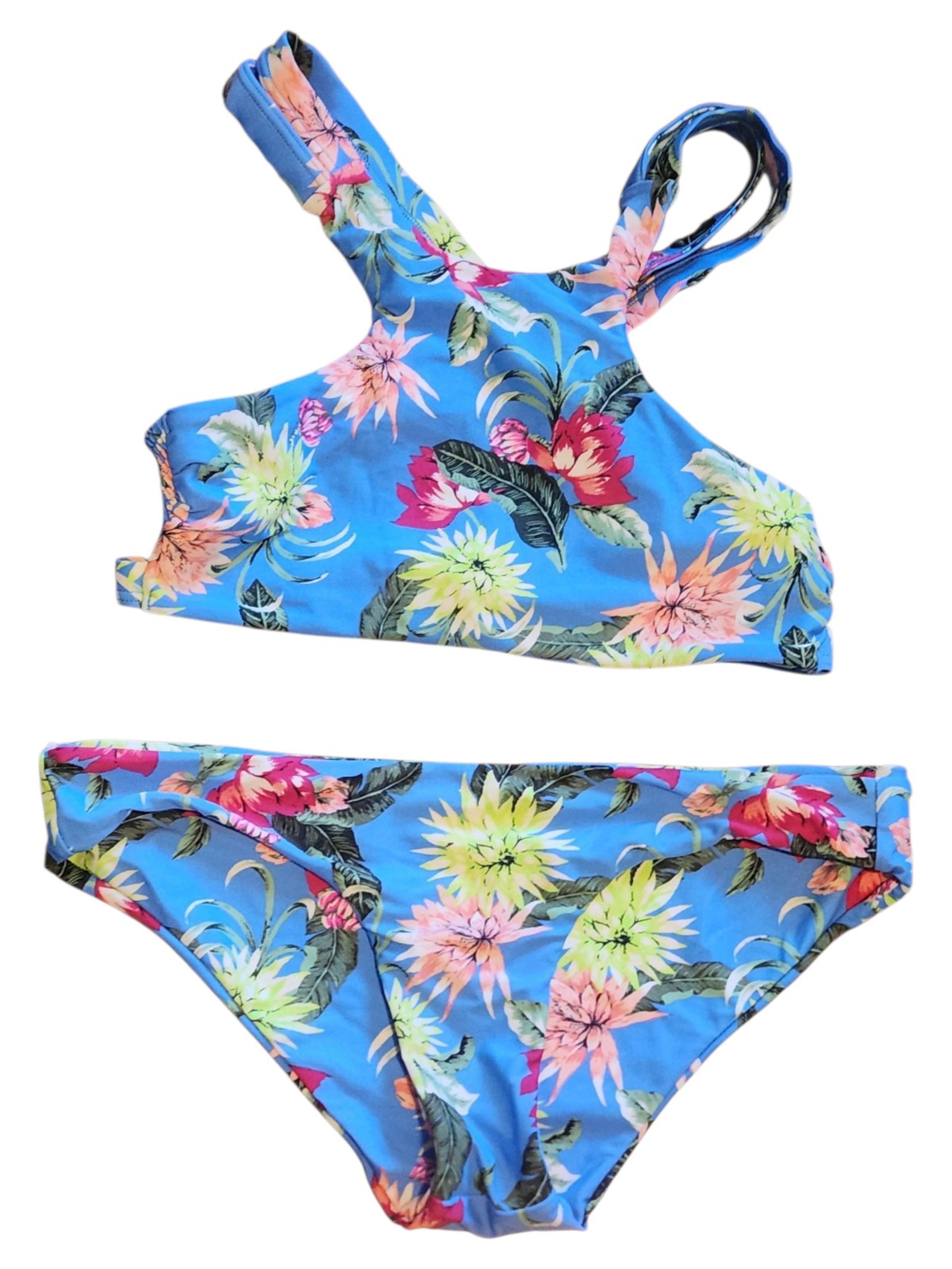 Tori Praver Seafoam blue floral 2 piece bikini womens M strappy cut out swimsuit