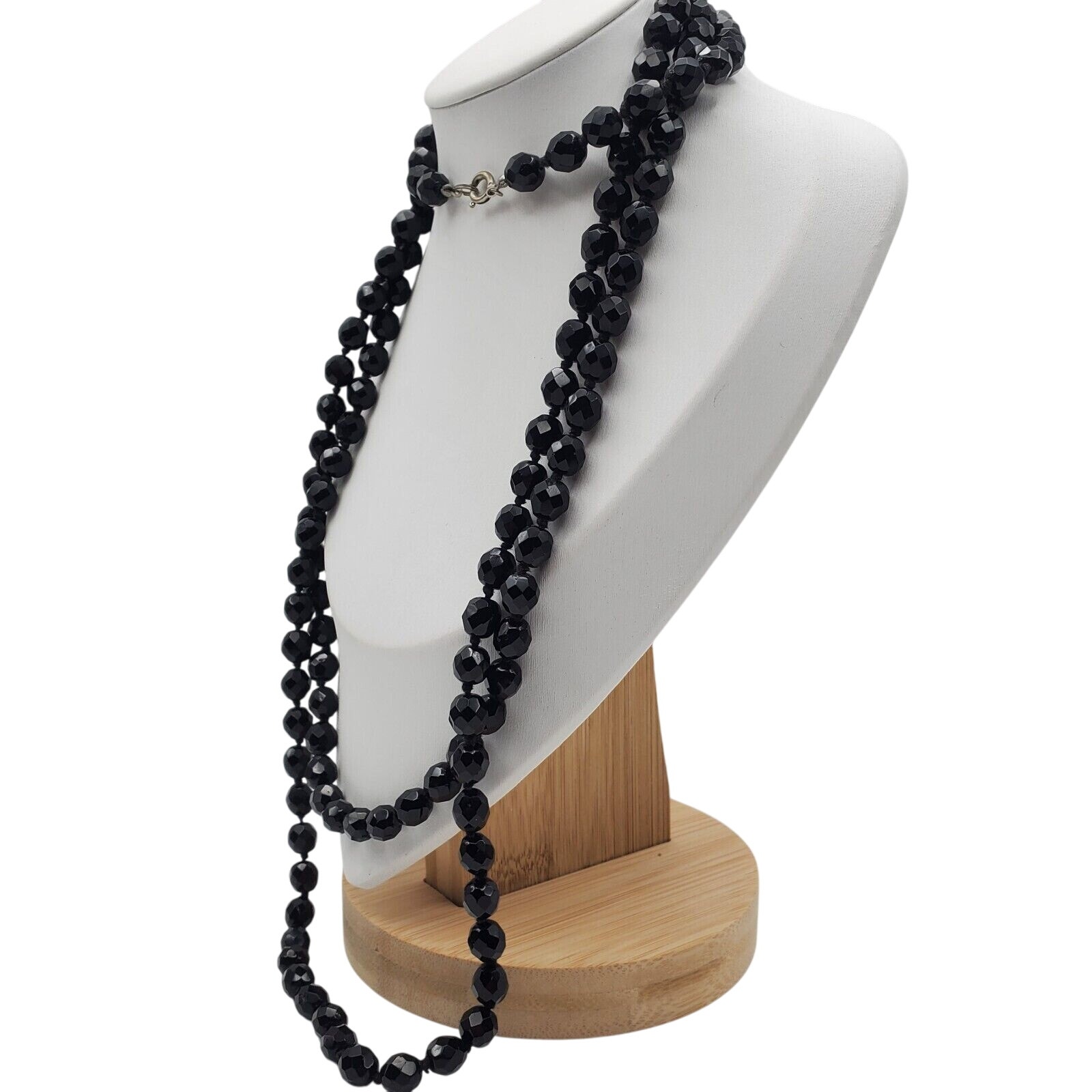 Black Faceted Beaded Necklace Long Flapper 53 Long Vintage Knotted Jewelry