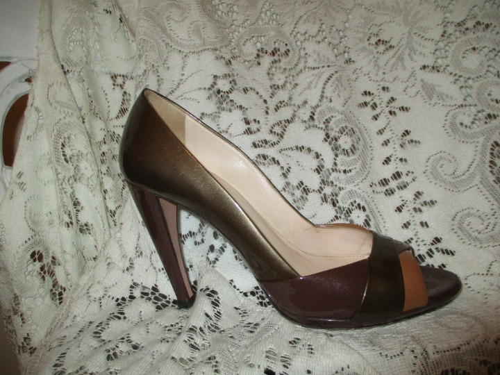 Prada bronze multi metallic patent leather open toe pumps