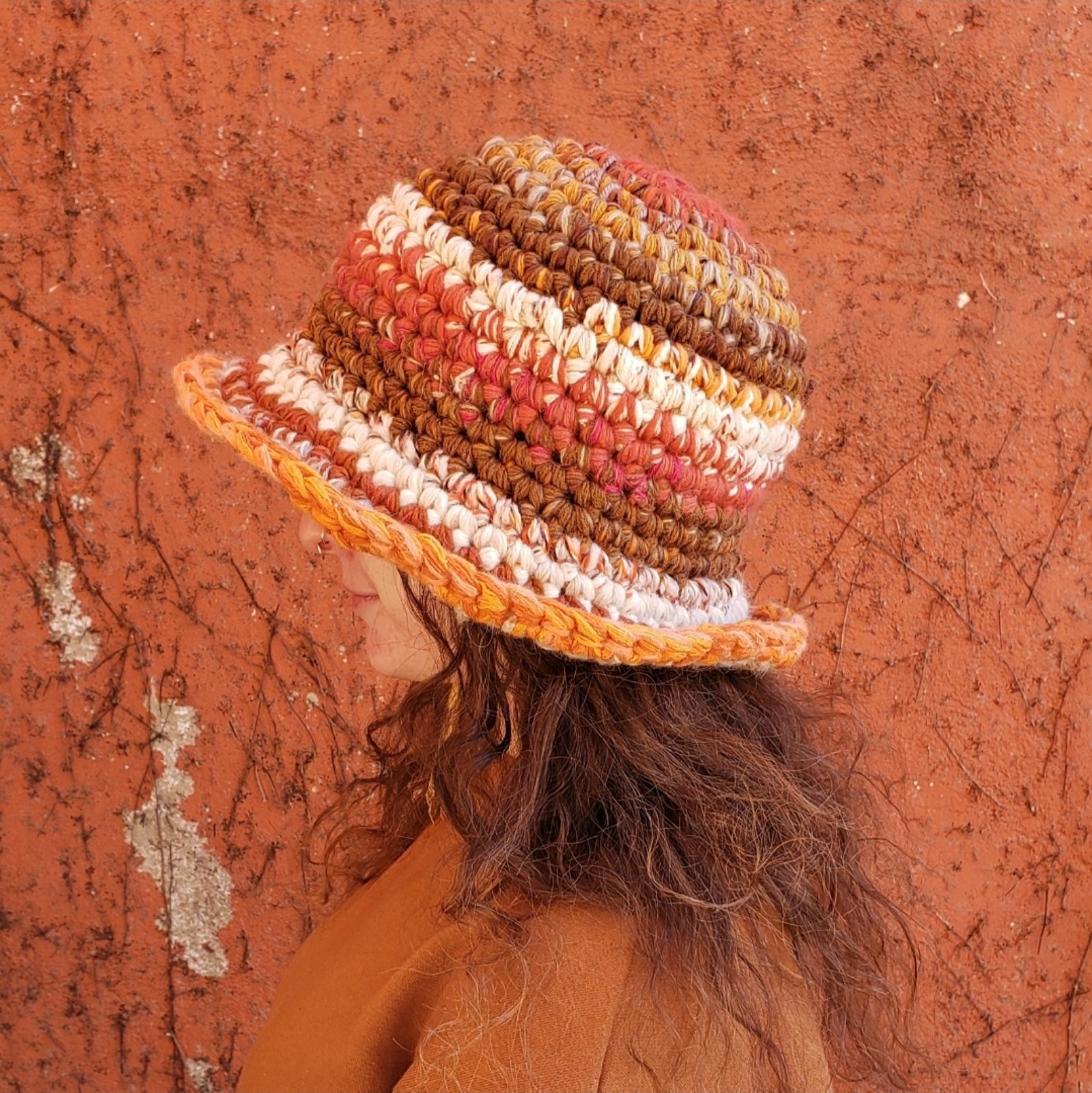 Hand Crochet Orange Bucket Hat Handmade Handknit Striped Knit Hat Cream Tan